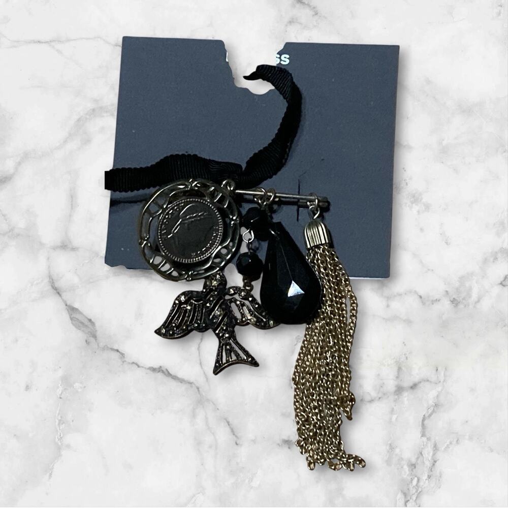 EXPRESS Brushed Gold Tone Dangle Brooch Charm Tassels Bird‎ Napoleon Coin